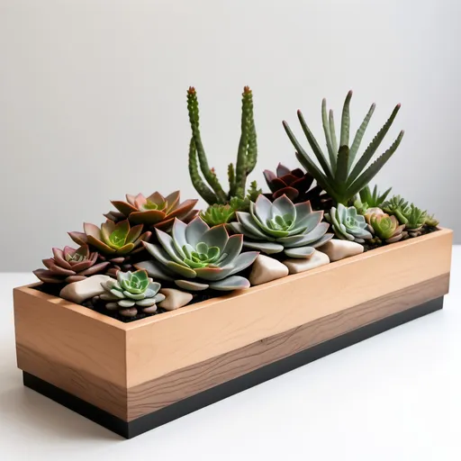 Prompt: (maple wood planter box containing succulents), (30 inch by 5.5 inch), narrow black bands, (textured wood grain), (warm natural tones), detailed craftsmanship, (elegant design), (minimalist aesthetic), (organic shapes), serene ambiance, inviting soft lighting, subtle shadows, artfully arranged succulents, surrounded by a gentle, natural background, ultra-detailed, high quality image, captivating visual appeal.