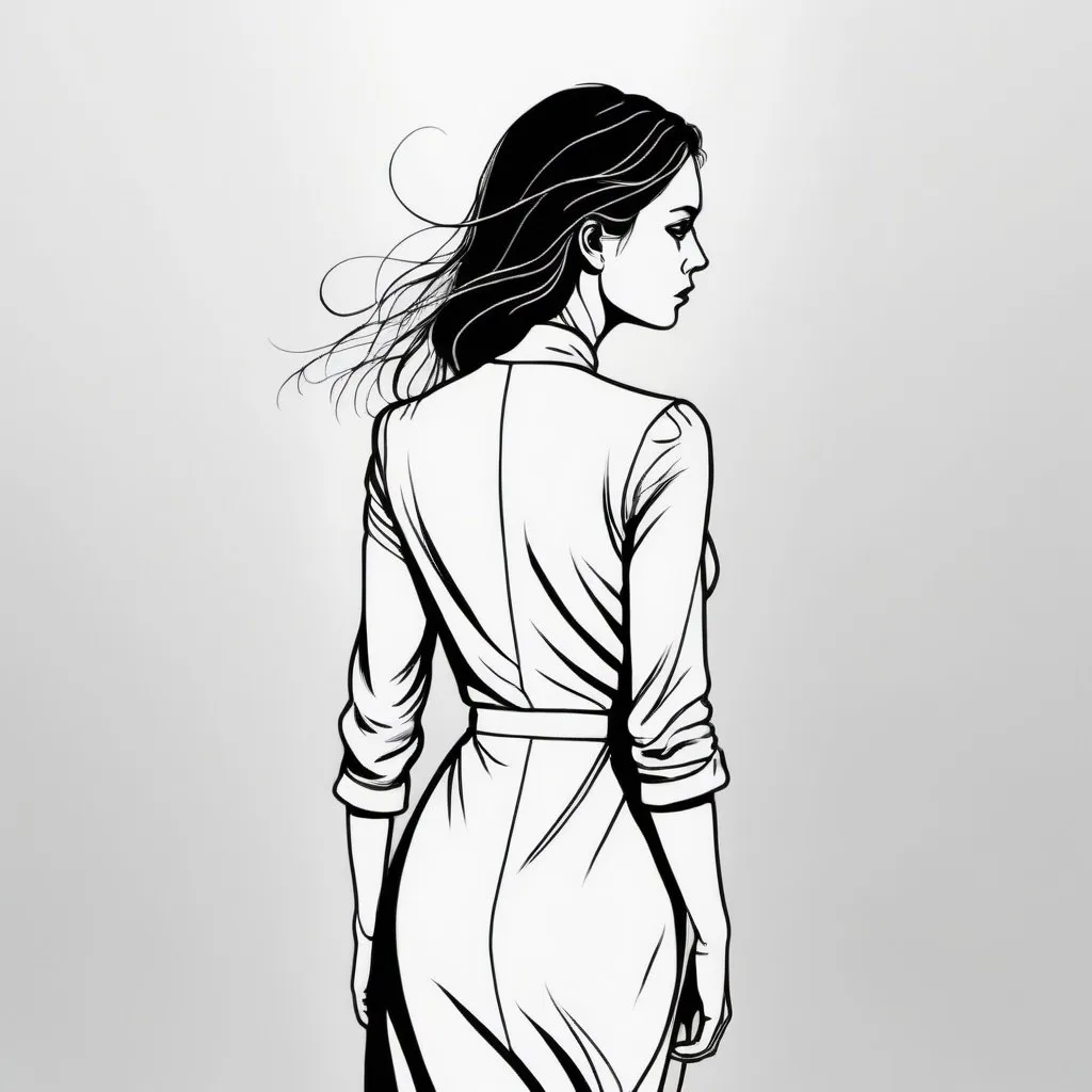 Prompt: Black and white line art of a woman with her head half turned, walking away, wistfully