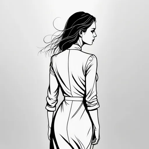 Prompt: Black and white line art of a woman with her head half turned, walking away, wistfully