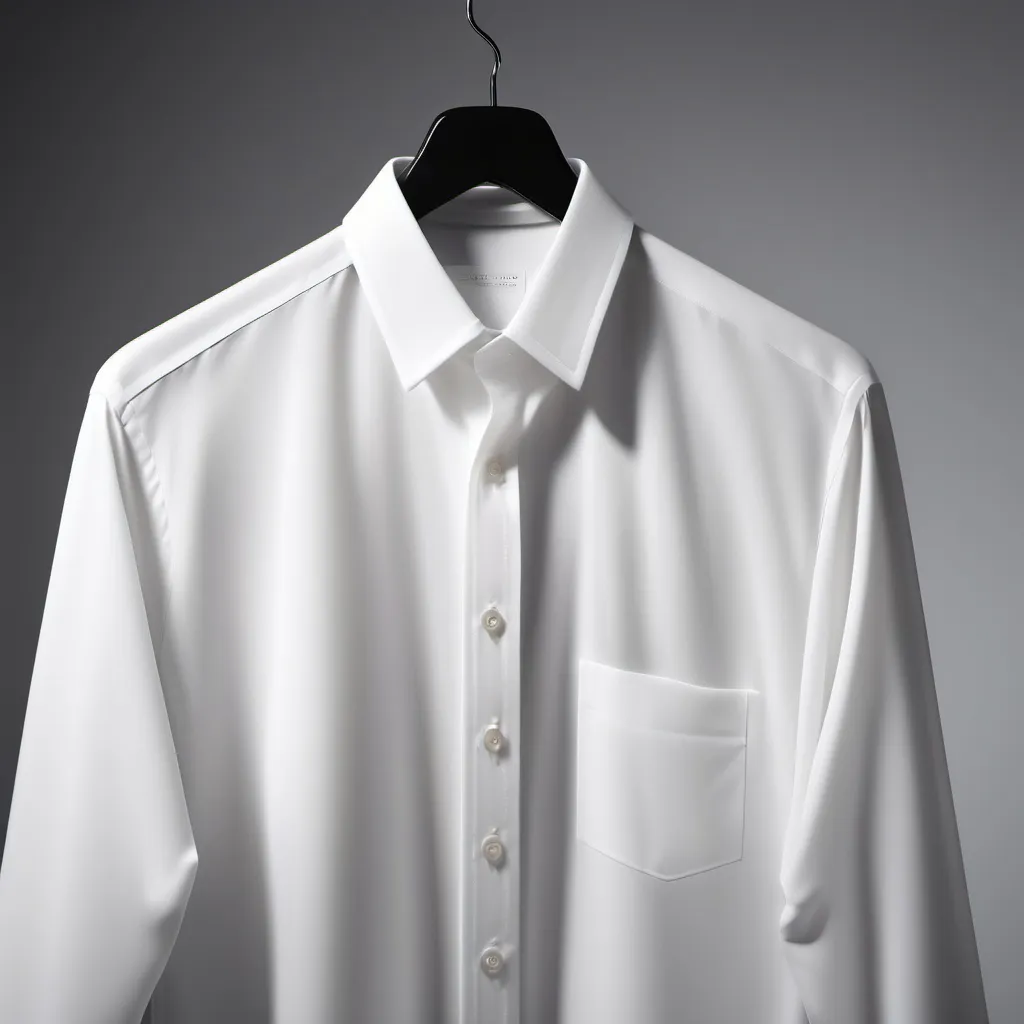 Prompt: White shirt, (elegant design), single light source casting soft shadows, (high-quality fabric) texture emphasizing delicate details, (minimalist) background with a subtle gradient, (crisp lighting) highlighting the symmetry, inviting warm ambiance, (stylish apparel), (4K ultra-detailed), simplicity in sophistication, perfect for fashion showcases.