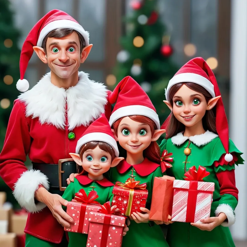 Prompt: Familia de elfos navideños con regalos en sus manos