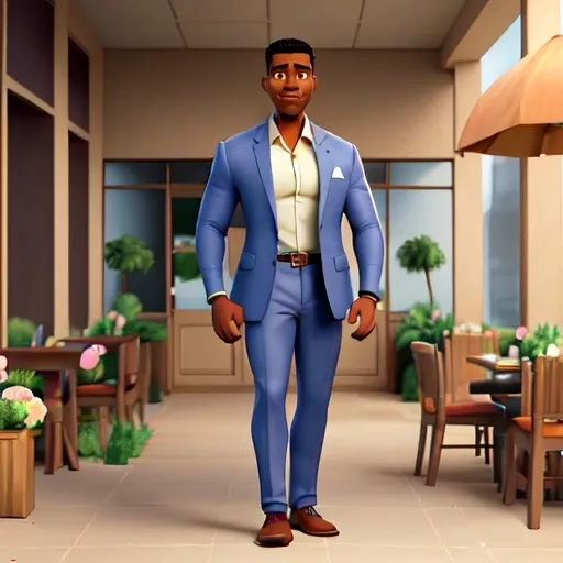 Prompt: Hyper-realistic handsome African American tall man with muscles in his 40ish with low cut natural hair, wearing a suit standing in front of a restaurant holding flowers