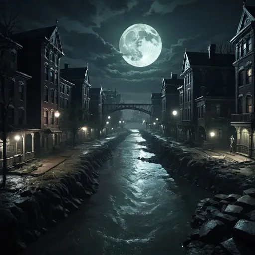 Prompt: A river flowing through Arkham at night in a lovecraft world