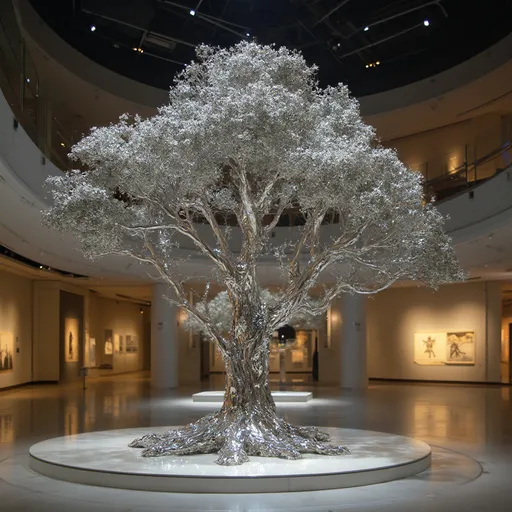 Prompt: mammut tree in a museum, shiny, reflective metal texture, sleek and polished

