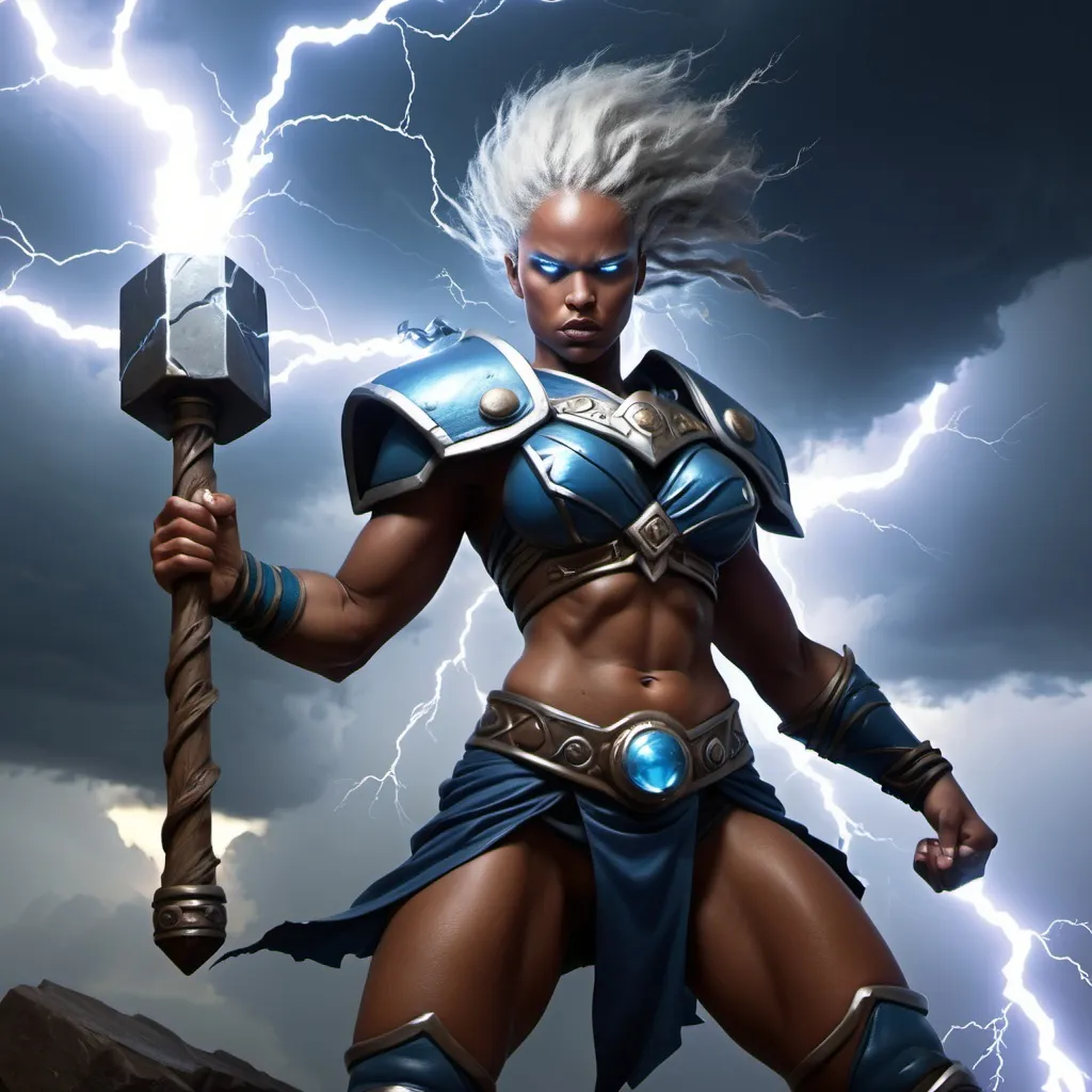 Prompt: Female, athletic, Storm Giant, warrior, Lightning Hammer