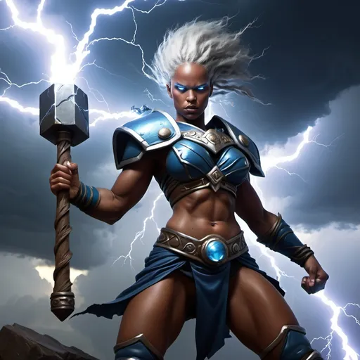 Prompt: Female, athletic, Storm Giant, warrior, Lightning Hammer