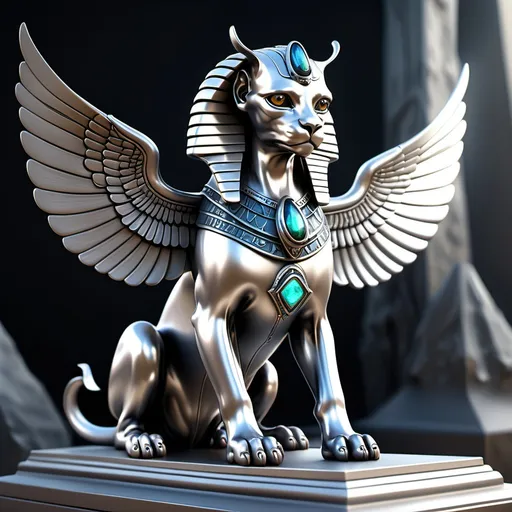 Prompt: A being of liquid mercury-like substance, the Silver Ooze Sphinx appears as a vast, shifting mass that occasionally takes the form of a majestic sphinx with radiant wings. Its surface shimmers with arcane sigils of time and space, and its eyes glow with a light that seems to look not just into your soul but into your future. It is the cryptic harbinger of Ehko, the god of time and secrets, guarding ancient riddles and bestowing forbidden knowledge to those deemed worthy. It moves with haunting grace, manipulating the very fabric of time as it strikes down its foes.