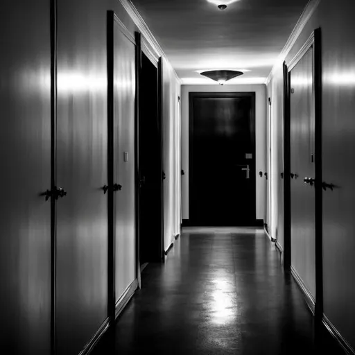 Prompt: ominous door black and white fully closed, inside hallway
