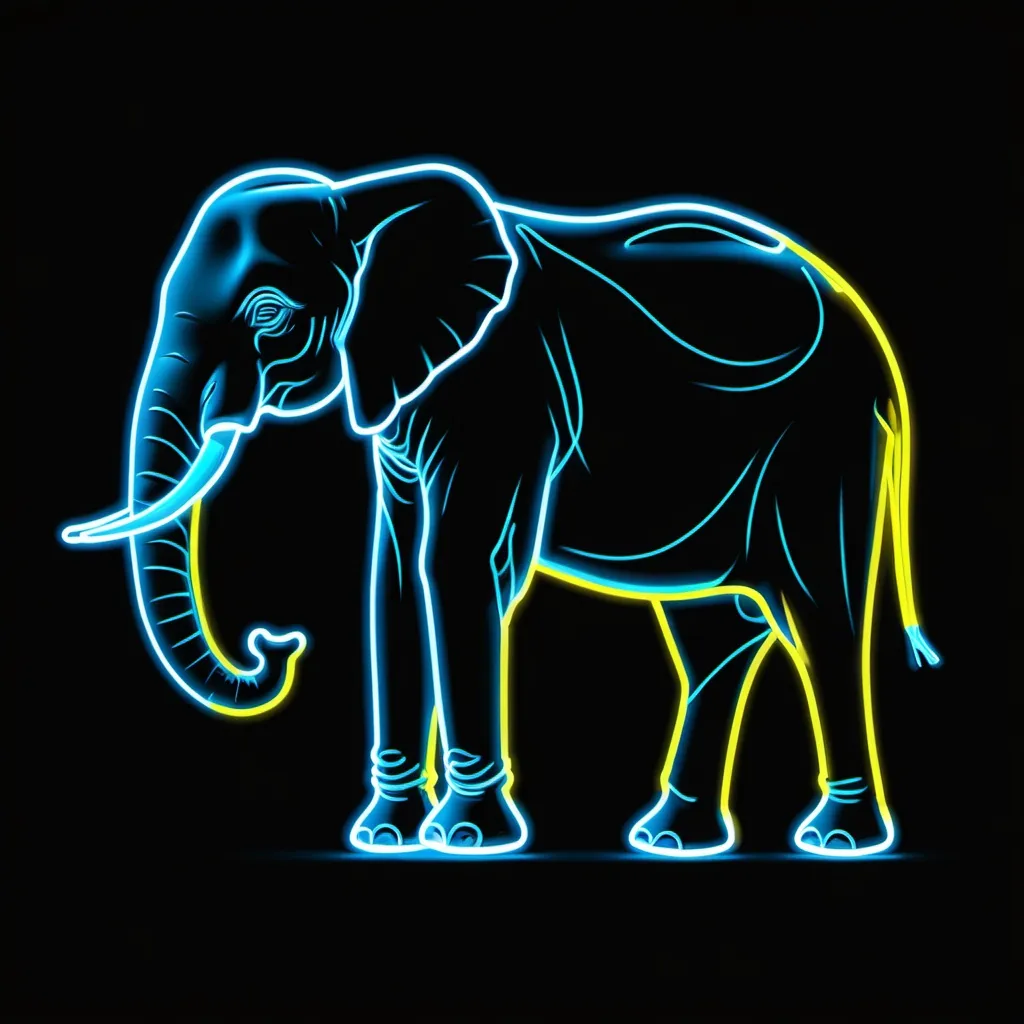 Prompt: A neon contour of a side of an elephant with his trunk facing downwards on black background