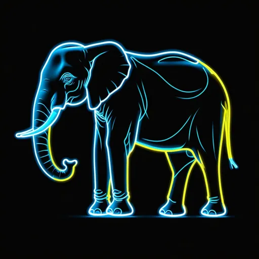 Prompt: A neon contour of a side of an elephant with his trunk facing downwards on black background