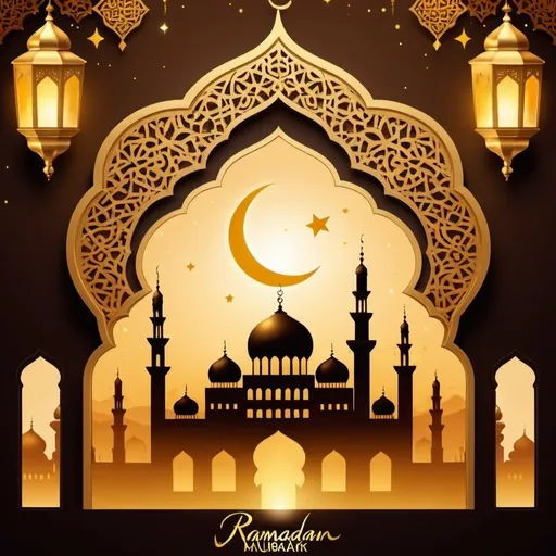 Prompt: Ramadan 2024 greeting illustration, festive mosque silhouette, golden hues, calligraphy of 'Ramadan Mubarak' in Arabic, warm and inviting atmosphere, vibrant and joyful celebration, traditional lanterns, intricate details, high quality, digital painting, warm tones, festive vibes, detailed calligraphy, traditional elements, festive atmosphere, professional, soft lighting