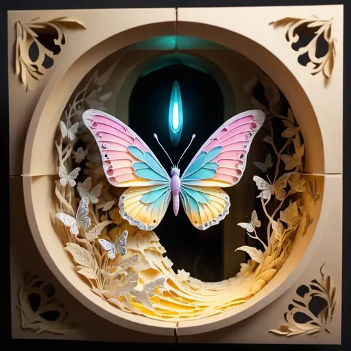 Prompt: (Butterfly emerging from a capsule), cmyk colors, magical ambiance, dynamic motion, soft glowing light, detailed wings unfolding, delicate textures, surreal background, ethereal atmosphere, fantasy-inspired, hope and transformation theme, enchanting nature elements, intricate capsule
 design. to be print as lithophania square dimension

