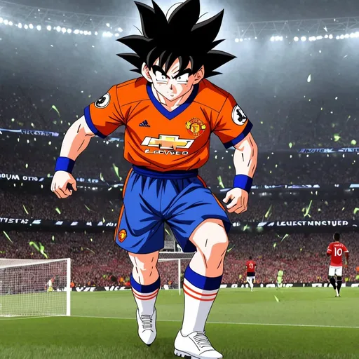 Prompt: Goku in ultra instinct while wearing manchester united Jersey 
