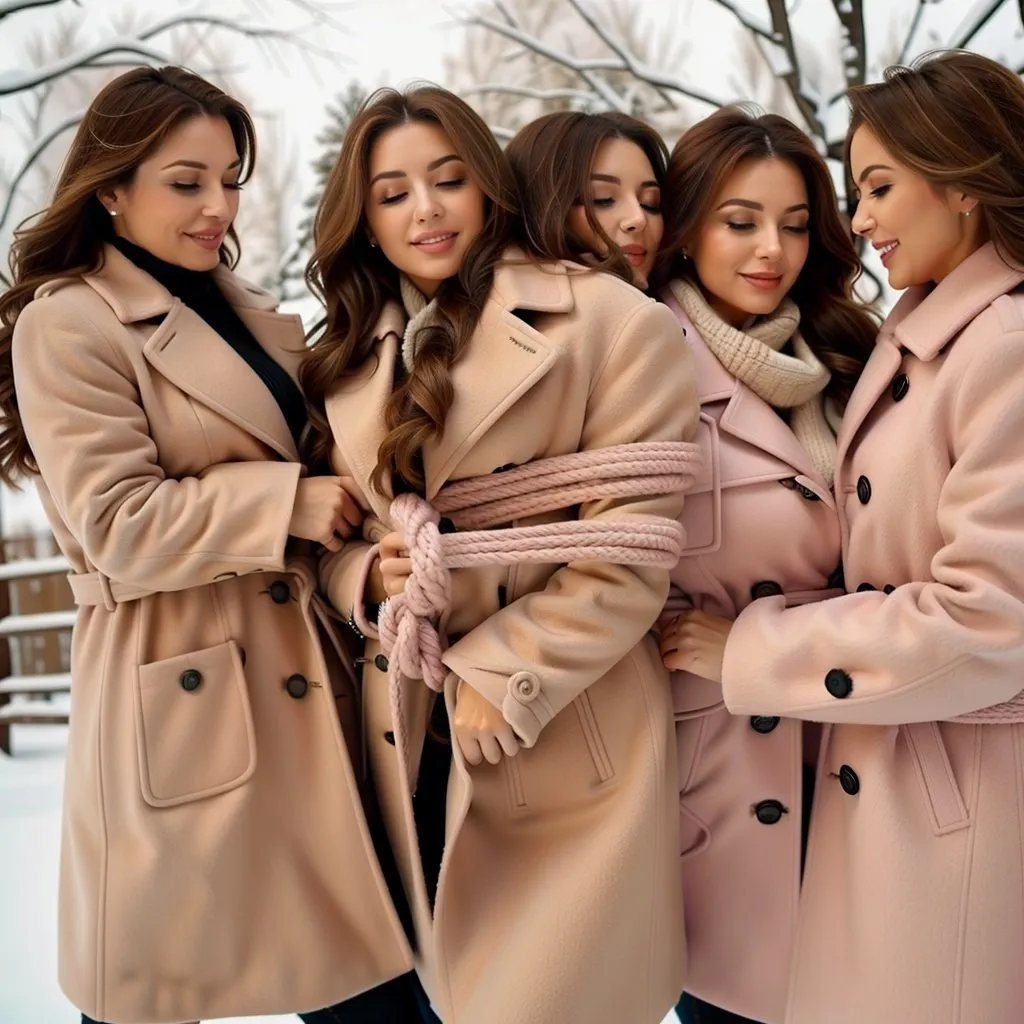 Prompt: Woman in pink wool winter coat tied up with a lot of rope and fondled by two other women in winter coat  