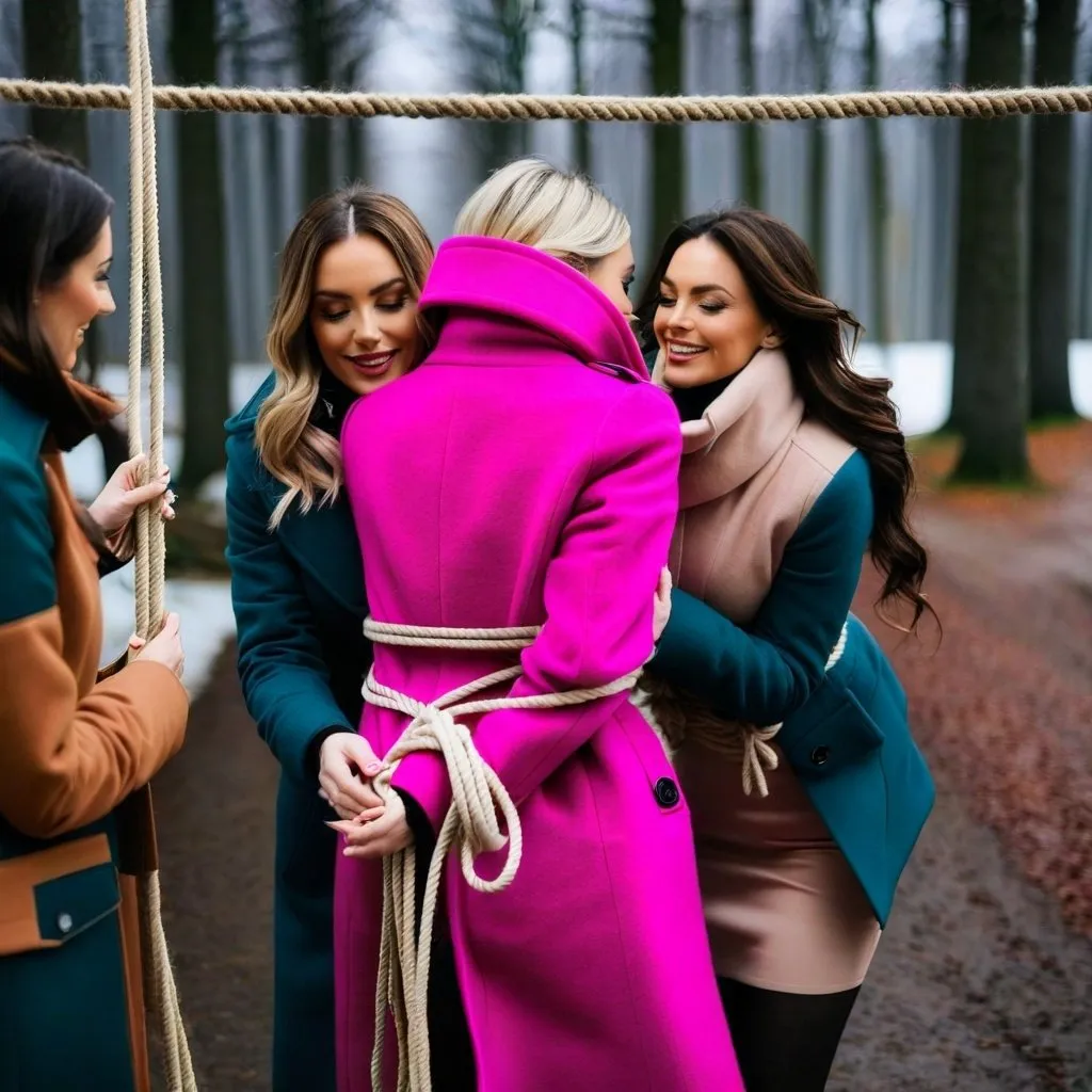 Prompt: Woman in pink wool winter coat tied up with a lot of rope and fondled by two other women in winter coat  