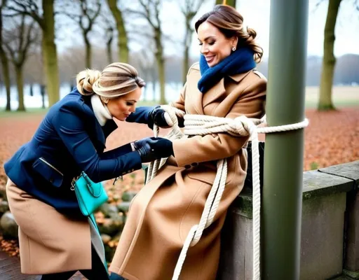 Prompt: A woman tying up another woman in a wool winter coat with a lot of rope