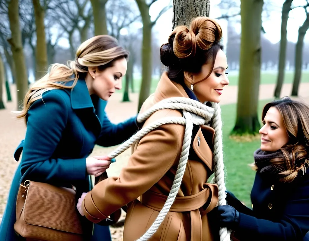 Prompt: Two woman tying up another woman in a wool winter coat to a tree with a lot of rope 