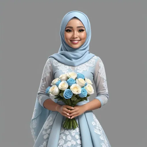 Prompt: 3d cartoon of a beautiful 23 year old Indonesian woman wearing a light blue hijab and glasess, wearing a light blue wedding dress with detailed patterns, holding a bouquet of white flowers, sweet smile, gray background,full body