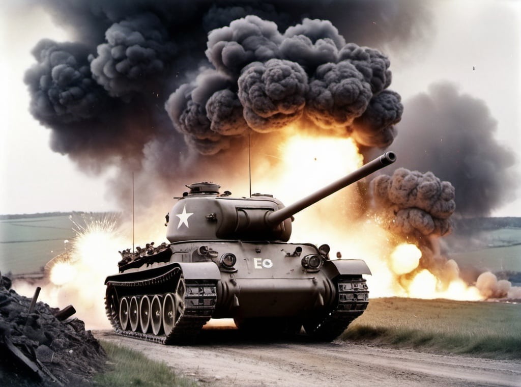 Prompt: WW2. Tank driving Acros hill with explosions oround it