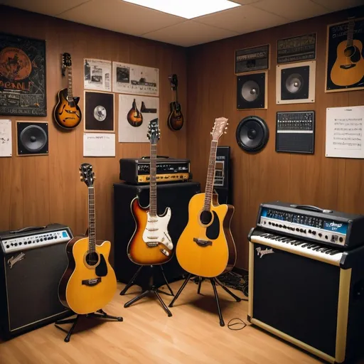 Prompt: An acoustic guitar and an electric guitar in a music studio. The environment has amplifiers, microphone stands, and some band posters on the wall. The acoustic guitar is on a stand, and the electric guitar is on a stand near an amplifier. There are additional instruments like a drum set and keyboards, creating a vibrant and creative space for music teaching.