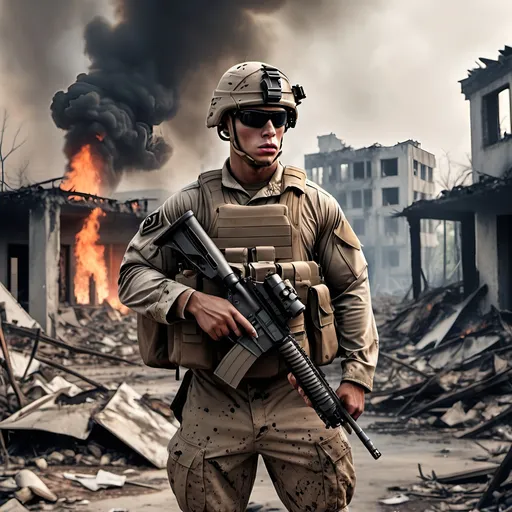 Prompt: Photo realistic picture of us marine not holding a gun (the gun must be on his bag) standing in destroyed city in jungle with burning building in background