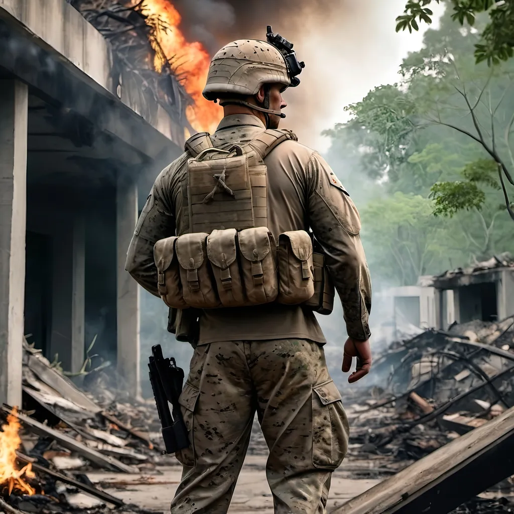 Prompt: Photo realistic picture of us marine standing in destroyed city in jungle with burning stuff in background and cross fire with trees and lots of Greenery you must not see his face but you must see him from behind