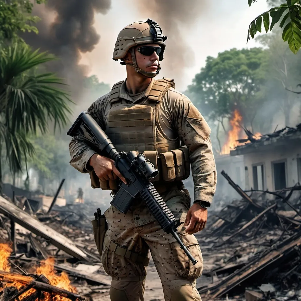 Prompt: Photo realistic picture of us marine standing in destroyed city in jungle with burning stuff in background and cross fire with trees and lots of Greenery you must not see his face but you must see him from behind