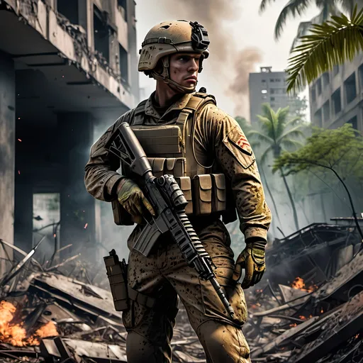 Prompt: Photo realistic picture of us marine standing in destroyed city in jungle with burning stuff in background and cross fire with trees and lots of Greenery you must not see his face but you must see him from behind