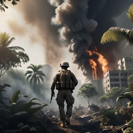 Prompt: Photo realistic picture of us marine standing in destroyed city in jungle with burning helicopter in background