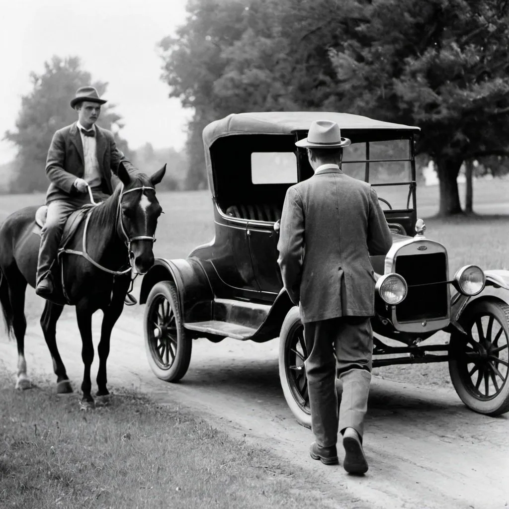 Prompt: A black and white photograph of a man holding a small gas can, walking away from a model T ford automobile. There is a person riding a horse looking at him