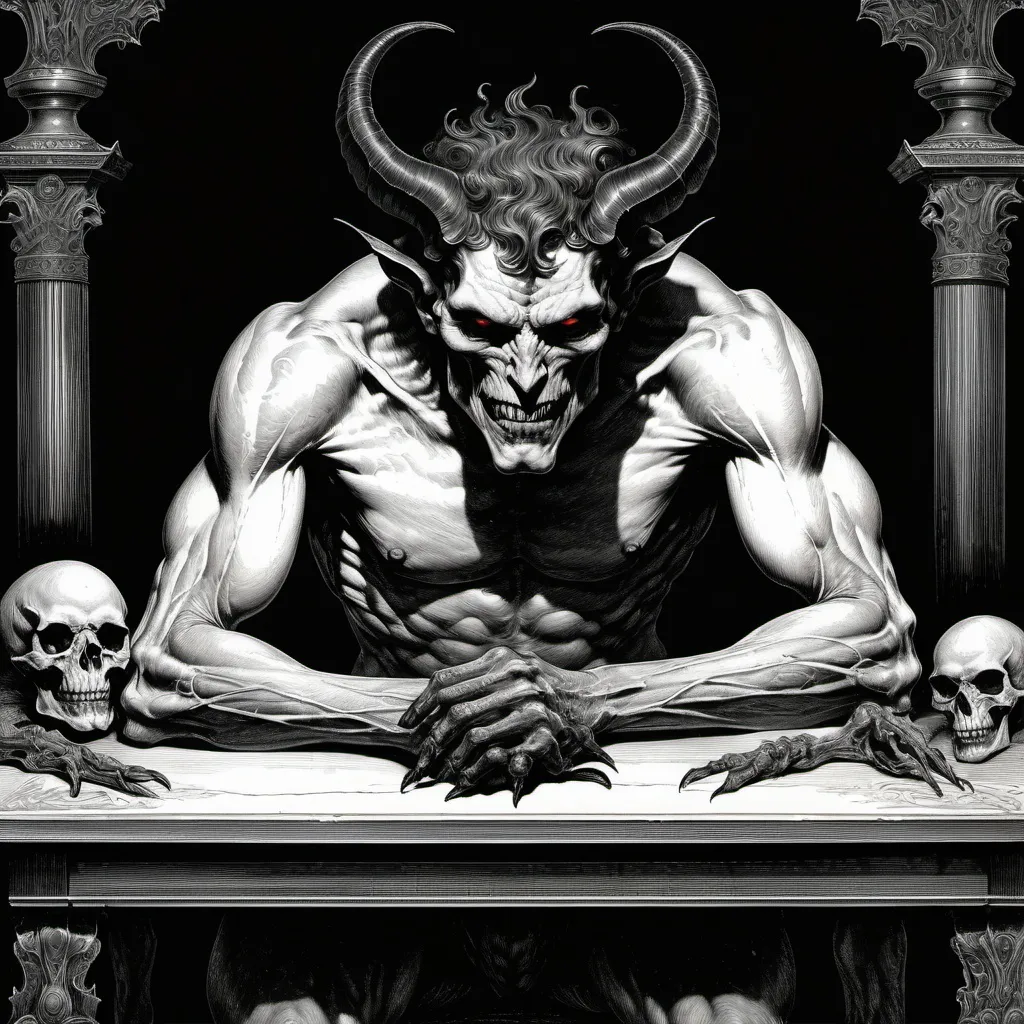 Prompt: (demon sitting on a table), (demon on back), (demon on head), mid-nineteenth century engraving style, (Austin Osman Spare inspired), (symbolic and occult themes), intricate details, dark and dramatic atmosphere, gothic elements, high contrast black and white shading, ultra-detailed, vintage aesthetic, brooding mood, haunting ambiance.