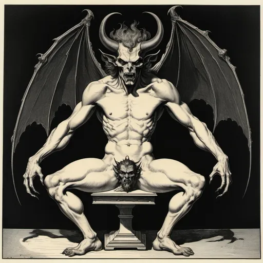 Prompt: a demon sitting on top of a table with a demon on it's back and a demon on his head, Austin Osman Spare, symbolism, occult, a mid-nineteenth century engraving