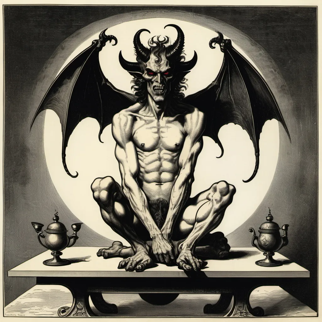 Prompt: a demon sitting on top of a table with a demon on it's back and a demon on his head, Austin Osman Spare, symbolism, occult, a mid-nineteenth century engraving