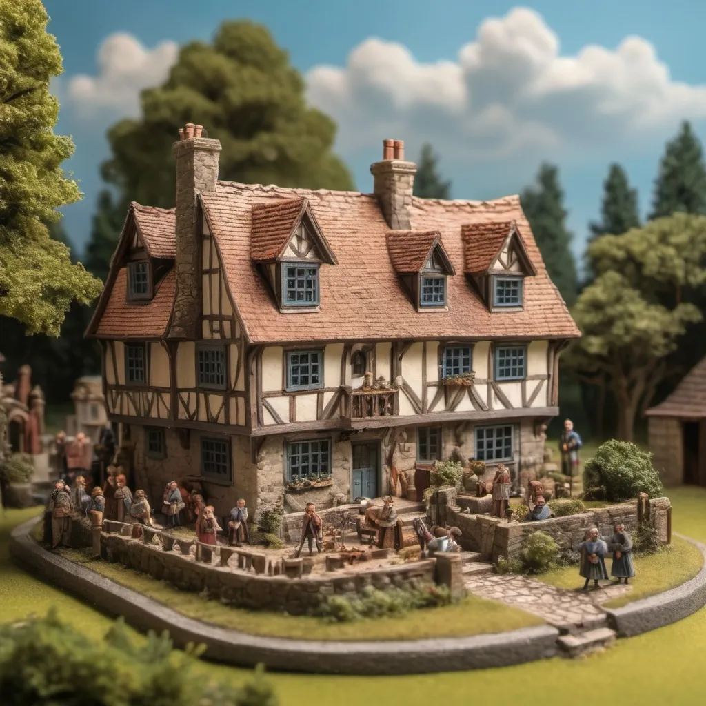 Prompt: Detailed prompt: Miniature medieval European town, manor house in the country side, blue sky in the background, afternoon light, diorama style, sharp focus on miniature people, working miniature people around the manor house, manor house in large Forest, only manor house