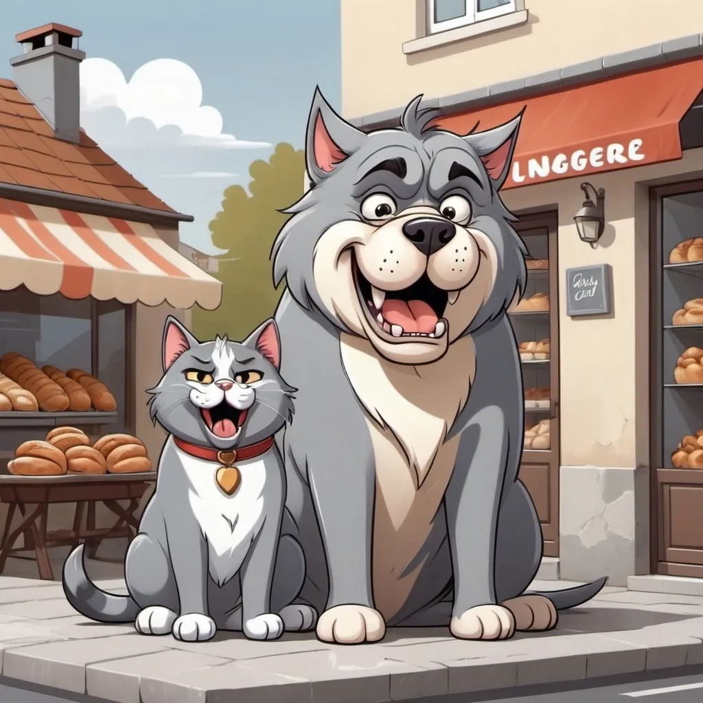 Prompt:  gray happy cat and an angry big dog in front of a boulangerie in a cartoon style

