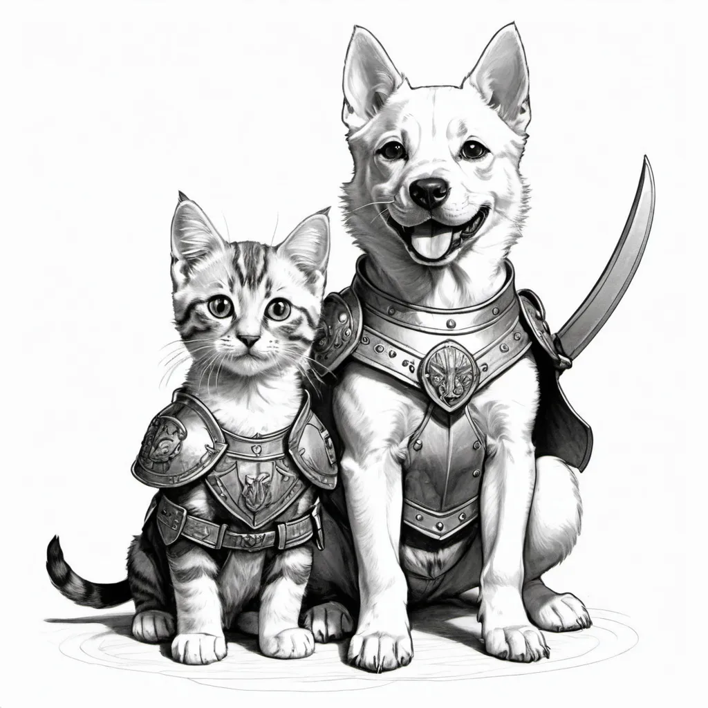 Prompt: Line drawing of puppy and kitten that look happy and are dressed like warriors