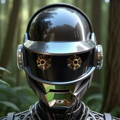 Prompt: portrait face, 3d render, realistic, hiper realistic, perfect detail face
Graphic abstract, very detailed portrait 55mm photo of a Daft punk
head without skin, with crystal bones and optic fiber nerves, gears in his head and cybernetic enhancements no plating. packed with cybernetics. has cameras for eyes. in the forest with bokeh. ray tracing and tessellation. very sharp high detailed 8k image
