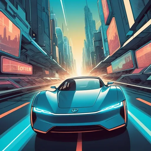 Prompt: Electric car driving fast through a futuristic city, centered perspective, POV, retro comic style, comic book cover, vibrant