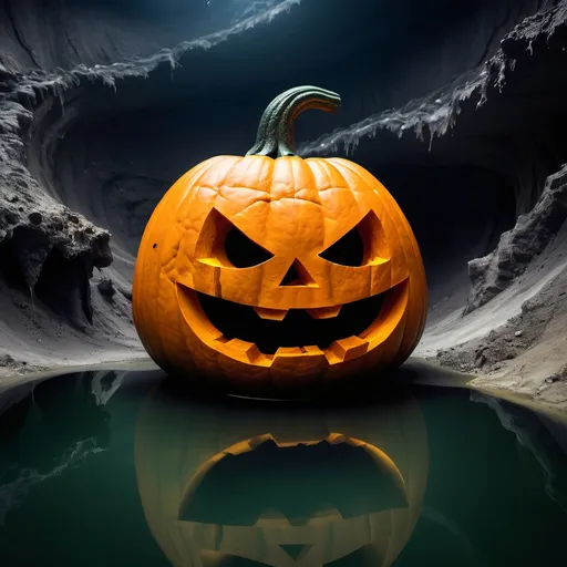 Prompt: Jack o lantern face on a toxic mining pool