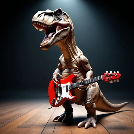 Prompt: a t rex playing guitar
