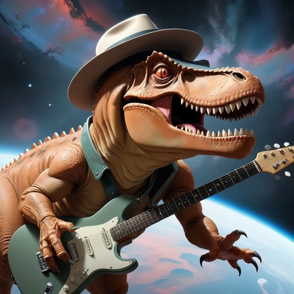 Prompt: A t-rex with a hat flying in space playing guitar; Shadowed below image effect; perfect hands; KATSUHIRO OTOMO, GEOF DARROW, YOJI SHINKAWA, Illustration, Sharp Focus, Dramatic Lighting, Trending On Artstation, Cinematic, 8k, Concept Art, Elegant, Reflections