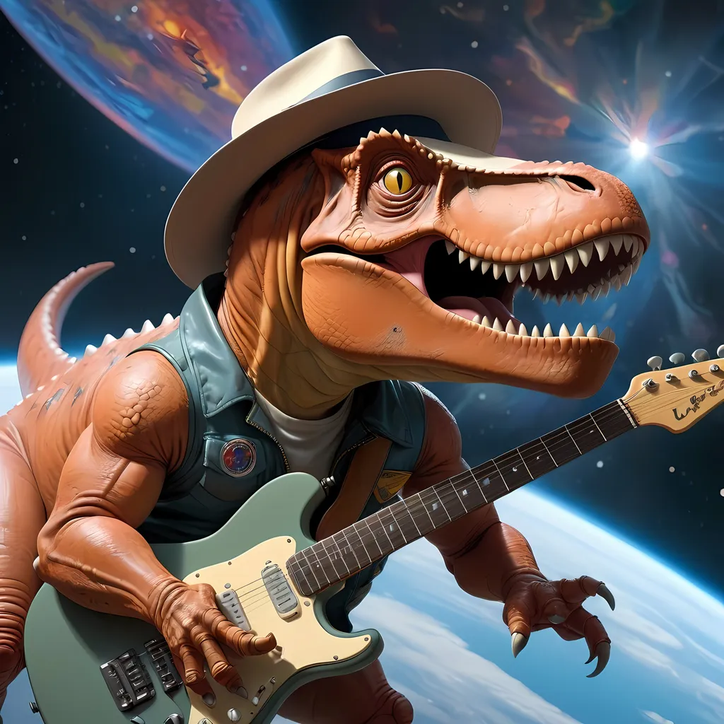 Prompt: A t-rex with a hat flying in space playing guitar; Shadowed below image effect; perfect hands; KATSUHIRO OTOMO, GEOF DARROW, YOJI SHINKAWA, Illustration, Sharp Focus, Dramatic Lighting, Trending On Artstation, Cinematic, 8k, Concept Art, Elegant, Reflections