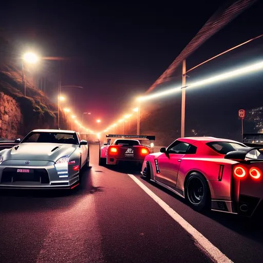 Prompt: A nissan gt-r racing a supra mk4 in the night streets. In a mountain area.