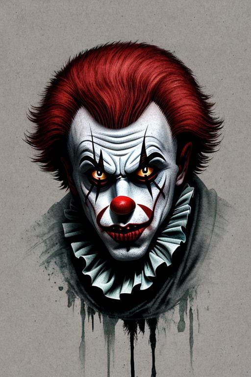 Prompt: Killer Clown, vampire horror art, nightmare ink art