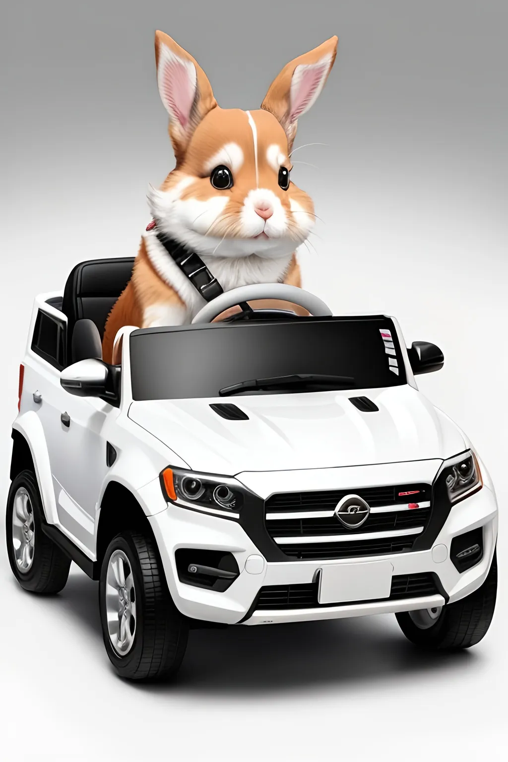 Prompt: bunny dog in clothing driving a car on a white background