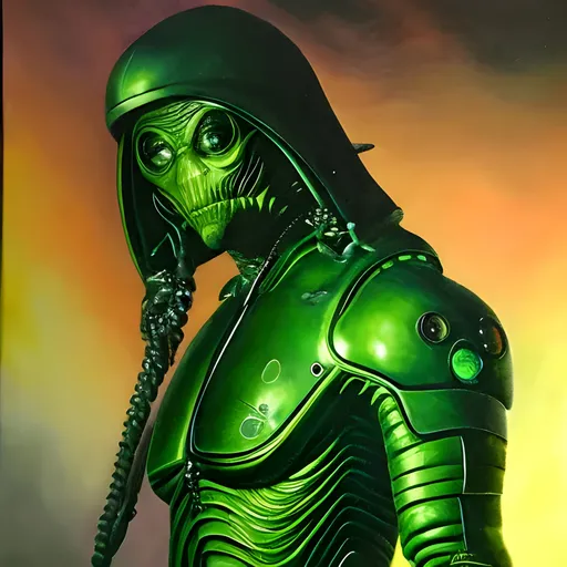 Prompt: Full Portrait of green alien, Highly detailed, cyberpunk oil panting