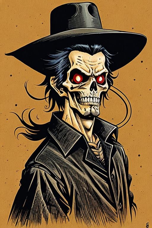 Prompt: Lucky Luke, horror art, death art, black death ink art, 