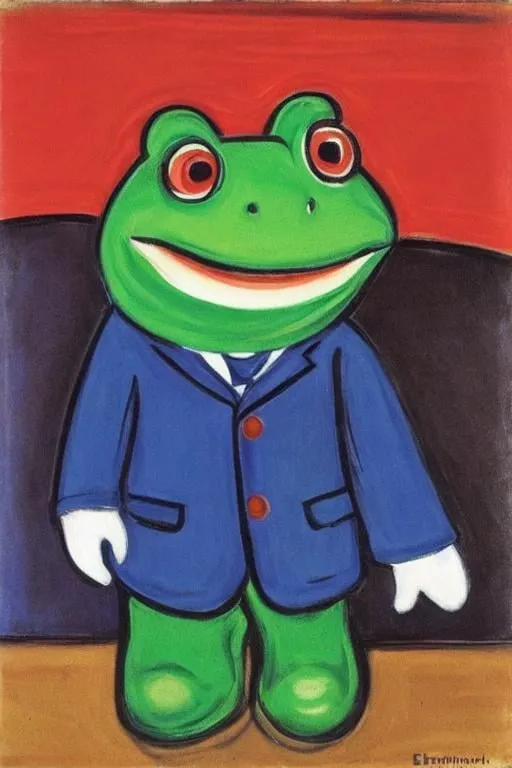 Prompt: Portrait of a [(anthropomorphic Frog in Human clothes)]  by Edvard Munch