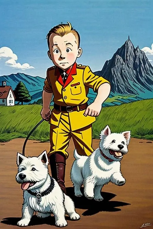 Prompt: The Adventures of Tintin and a white terrier,   black nightmare art