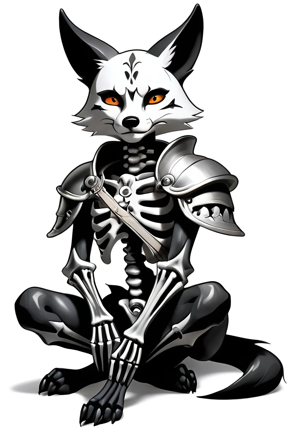 Prompt: Skeleton emotional support demon ink art of a  human fox warrior,  on a white background